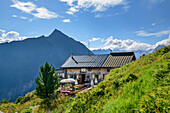 Mehrere Personen sitzen vor der Gamshütte, Dristner im Hintergrund, Gamshütte, Zillertaler Alpen, Tirol, Österreich