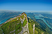 Himmelspfortenhütte on Schafberg with Wolfgangsee and Mondsee in the background, Himmelspforte, Schafberg, Salzkammergut Mountains, Salzkammergut, Upper Austria, Austria