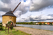  Old cranes on the Main in Marktbreit, Lower Franconia, Bavaria, Germany 