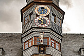  Moon clock on the lancet tower of the New Town Hall in Ochsenfurt, Lower Franconia, Bavaria, Germany 