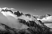 Cloudy atmosphere over the Cadini group, from the Drei Zinnen, Drei Zinnen, Dolomites, UNESCO World Heritage Dolomites, Veneto, Italy