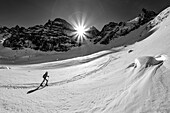 Frau auf Skitour steigt zum Pflerscher Pingl auf, Stubaier Alpen, Tirol, Österreich