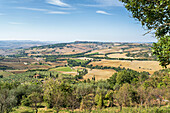 View from Monticchiello over to Pienza, Province of Siena, Tuscany, Italy