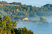 Morgens in den Hügeln bei Chiusdino, Provinz Siena, Toskana, Italien    