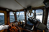 Kapitän am Steuerrad, Bootsausflug mit der Seeadler zur Insel Ruden und Greifswalder Oie, Ostseeküste, Mecklenburg-Vorpommern, Deutschland