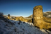  Winter in Oberwesel, city wall with defensive towers, Upper Middle Rhine Valley, Rhineland-Palatinate, Germany 