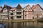  Half-timbered houses on the floorboards on the Pader in Paderborn, North Rhine-Westphalia, Germany, Europe 