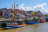  Fishing harbor with shrimp boats, Neuharlingersiel, East Frisia, Lower Saxony, Germany 