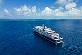  Aerial view of expedition cruise ship SH Diana (Swan Hellenic) in the Indian Ocean, Bijoutier Island, Alphonse Group, Outer Seychelles, Seychelles, Indian Ocean 