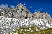  View of Tschingelhörner with Martinsloch, Plaun Segnas Sut, Lower Segnesboden, Tectonic Arena Sardona, Glarus Main Thrust, UNESCO World Natural Heritage Glarus Alps, Glarus Alps, Graubünden, Switzerland  