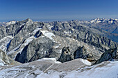 Schwarzensteinkees mit Großem Löffler und Großvenediger im Hintergrund, vom Schwarzenstein, Zillertaler Alpen, Naturpark Zillertaler Alpen, Tirol, Österreich