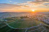  Aerial view of the Weibertreu castle ruins in Weinsberg near Heilbronn at sunrise, Heilbronn, Neckartal, Neckar, Württemberg Wine Route, Baden-Württemberg, Germany 