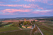  Aerial view of Ravensburg Castle near Sulzfeld in sunset, Kraichgau, Baden-Württemberg, Germany 