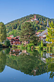  City lake with Liebenzell Castle, Bad Liebenzell, Black Forest, Baden-Württemberg, Germany 