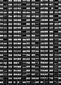 Facade of a high-rise building and many windows in black and white