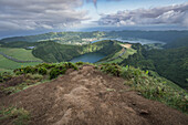  View from the Miradouro da Boca do Inferno of the surrounding volcanic lakes on the Azores island of Sao Miguel. 