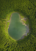  Aerial view of the small lake Lagoa do Canário on Sao Miguel island, Azores. 