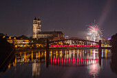  Fireworks at night (Elbe, Magdeburg Cathedral, lifting bridge), Magdeburg, Saxony-Anhalt, Germany 