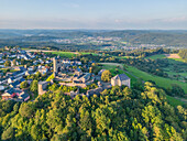  Aerial view of Greifenstein Castle in the evening light, Bell Museum, Lahn-Dill District, Westerwald, Hesse, Germany 