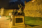  Sculpture in honor of the Ceuta Artillery Regiment in front of the Royal Walls of the fortress, Ceuta, Strait of Gibraltar, Spain 