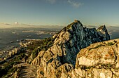  Walkers on the Rock of Gibraltar, panoramic view over the harbor and bay of Algeciras, British Crown Colony, Spain 