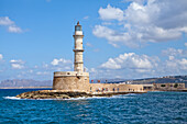  Lighthouse at the port of Chania, Chania, Crete, Mediterranean, Greece 