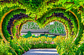 Herzfigur als Torbogen und Blumenskulpturen, Der Blumenpark 'Miracle Garden', Dubai, Vereinigte Arabische Emirate, Arabische Halbinsel, Naher Osten
