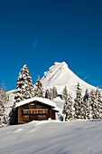  Snow-covered mountains and mountain hut, Damülser Mittagspitze, Damüls, Bregenzerwald, Vorarlberg, Austria 