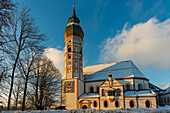 Kloster Andechs im Winter, Sonnenuntergang, Fünfseenland, Pfaffenwinkel, Oberbayern, Bayern, Deutschland