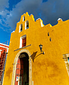 Yellow facade frontage of historic church  convent of San Roque, Campeche city, Campeche State, Mexico