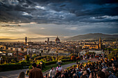  Tourists enjoy panoramic view from Piazzale Michelangelo on the old town and cathedral of Florence, Chiesa di San Carlo dei Lombardi, Florence (Italian: Firenze, region of Tuscany, Italy, Europe 