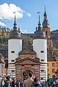  City gate at the old bridge and Holy Spirit Church in Heidelberg, Heidelberg, Baden-Württemberg, Neckar, Germany, Europe 