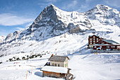 Blick von der Kleinen Scheidegg zur Eiger-Nordwand und auf den Mönch, Alpen, Wengen, Grindelwald, Kanton Bern, Bern, Schweiz, Europa