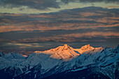  Snow-covered Stanskopf and Fallesinspitze in the last light, from the Aifneralm, Kaunertal, Ötztal Alps, Tyrol, Austria 