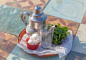 Teekanne, Glas, Zuckerwürfel, Bündel Minze auf Tablett für Minztee, Marokko