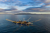  Aerial view of a traditional Bangka outrigger canoe fishing boat with coast in the distance, Tagbilaran, Bohol, Philippines 