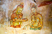 Rock painting frescoes of maidens in the palace fortress, Sigiriya, Central Province, Sri Lanka, Asia