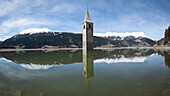  The famous old church tower of Graun im Reschensee, Graun, Vinschgau, South Tyrol, Alto Adige, Italy, Europe 
