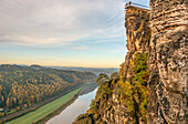  View of the new viewing platform at the Bastei rock and the Elbe valley, Saxon Switzerland, Saxony, Germany 