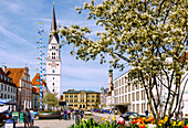  Main square with the Gothic church of St. John the Baptist, Maypole and Hospital Church of the Holy Spirit in Pfaffenhofen an der Ilm in Upper Bavaria in Germany 