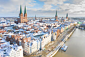  View of the old town and churches of Luebeck, Hanseatic City of Luebeck, Schleswig-Holstein, Germany 