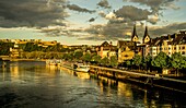 Old town of Koblenz on the banks of the Moselle in the evening light, Moselle promenade and excursion boats, in the background the Ehrenbreitstein Fortress, Upper Middle Rhine Valley, Rhineland-Palatinate, Germany 