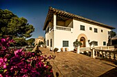 Mallorquinische Villa im Garten der Seniorenresidenz Es Castellot in Santa Ponca, im Hintergrund der Wehrturm der Burg Punta d'es Castellot, Mallorca, Spanien