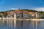 The old town of Korcula town with city walls and cathedral, Croatia, Europe  