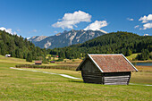  Haystacks at Geroldsee, Werdenfelsener Land, Upper Bavaria, Bavaria, Germany 