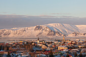  View of the cathedral church and Reykjavik, winter, Reykljavik, Iceland 