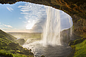  Seljalandsfoss, view from behind the waterfall, summer, Iceland 