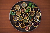  Spices are displayed during a cooking presentation by the chef on board the river cruise ship RV Thurgau Ganga Vilas (Thurgau Travel), Mongla, Bagerhat District, Bangladesh, Asia 