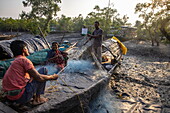  People repairing fishing nets on a boat, Pakhiralay, near Gosaba, South 24 Parganas District, West Bengal, India, Asia 