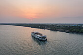  Aerial view of river cruise ship RV Thurgau Ganga Vilas (Thurgau Travel) on Datta river at sunset, Pakhiralay, near Gosaba, South 24 Parganas District, West Bengal, India, Asia 